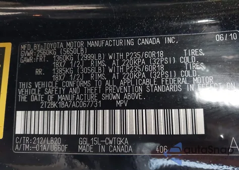 2010 Lexus Rx 350 from USA, damaged, VIN 2T2BK1BA7AC067731